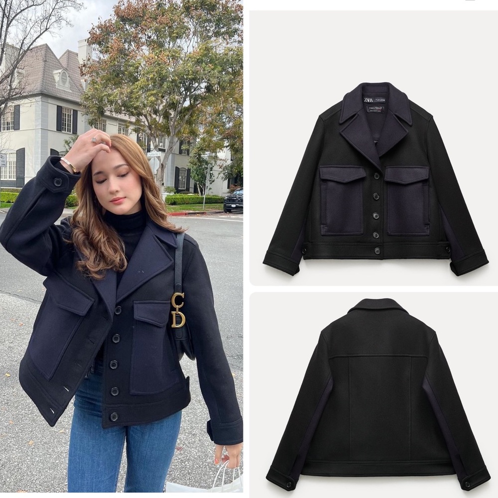 Zara MANTECO wool cropped short black coat Size M ZW collection